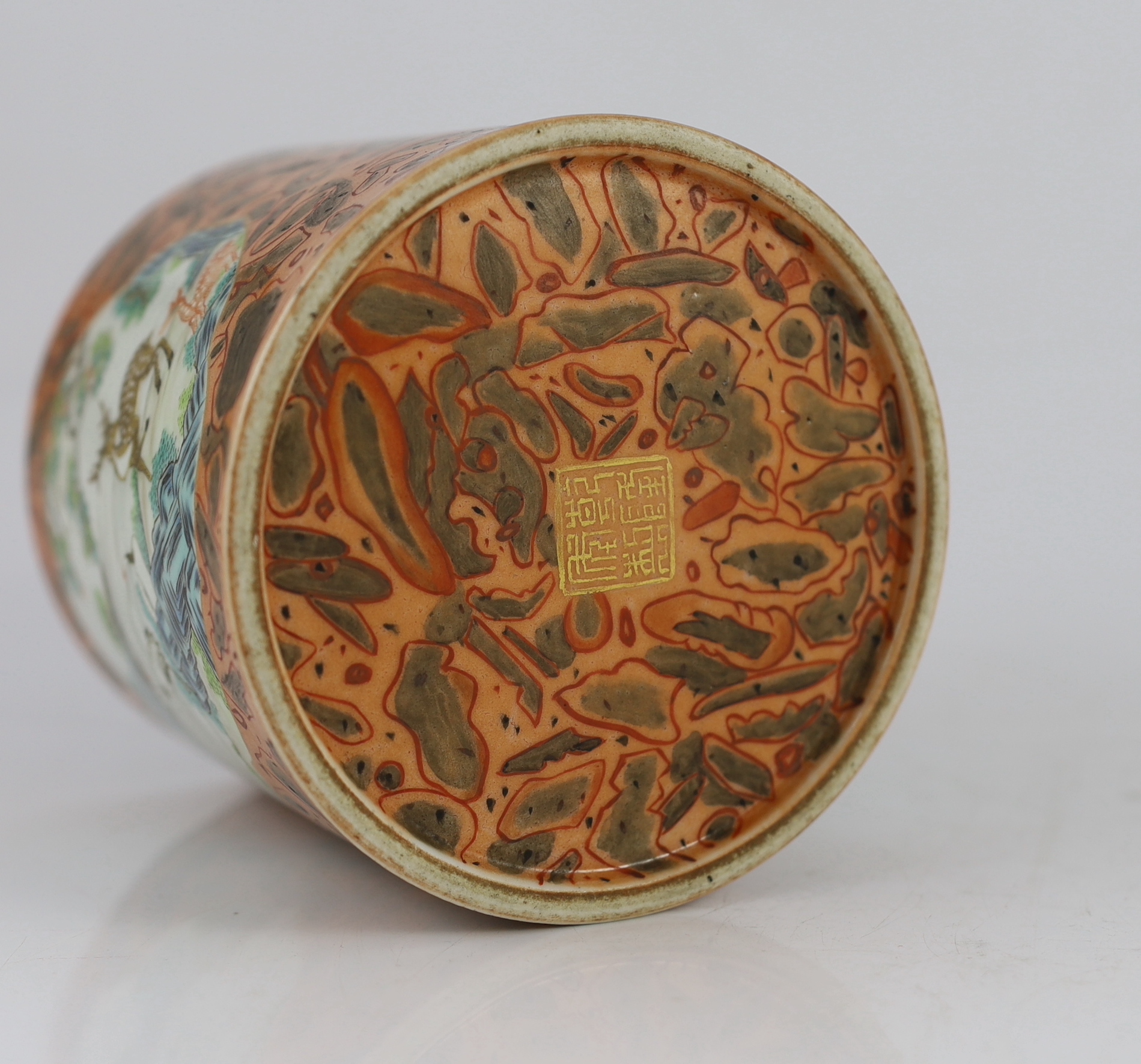 A Chinese faux bois brushpot, Qianlong mark, 20th century, 12.2 cm high